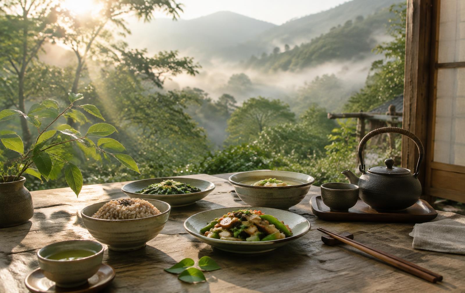 晨光山林中的素食餐桌